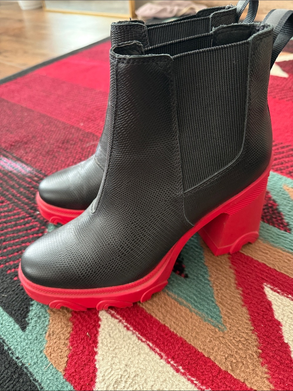 Sorel Black Chelsea Platform Boots with Red Lug Heel